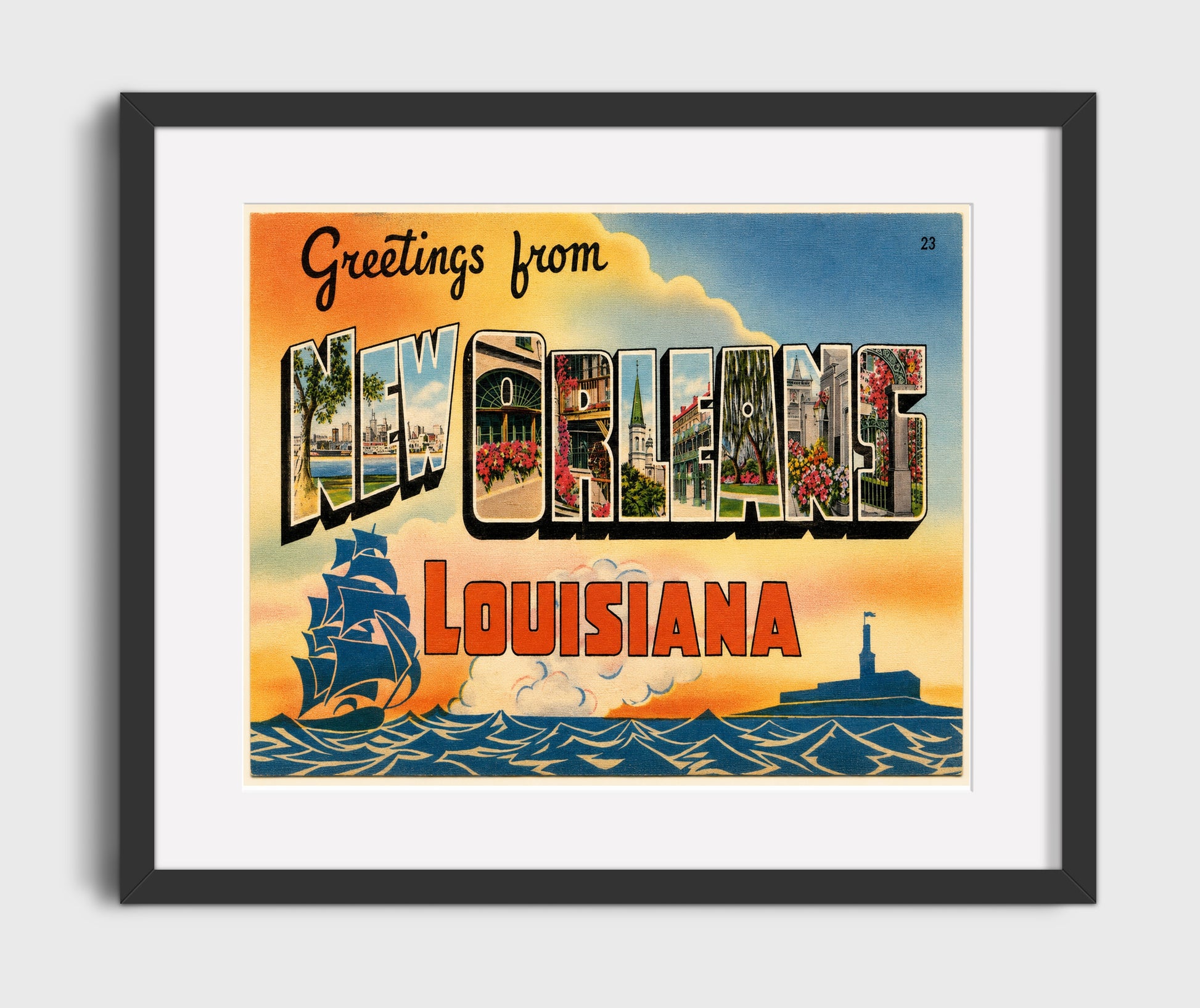 Greetings from New Orleans, Louisiana - Harbor 16x20 Gallery Frame vintage postcard wall art