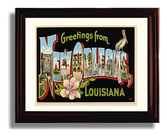 Greetings from New Orleans, Louisiana - Magnolia 8x10 Beveled Frame vintage postcard wall art