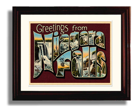 Greetings from Niagara Falls - Scenic Design 8x10 Beveled Frame vintage postcard wall art