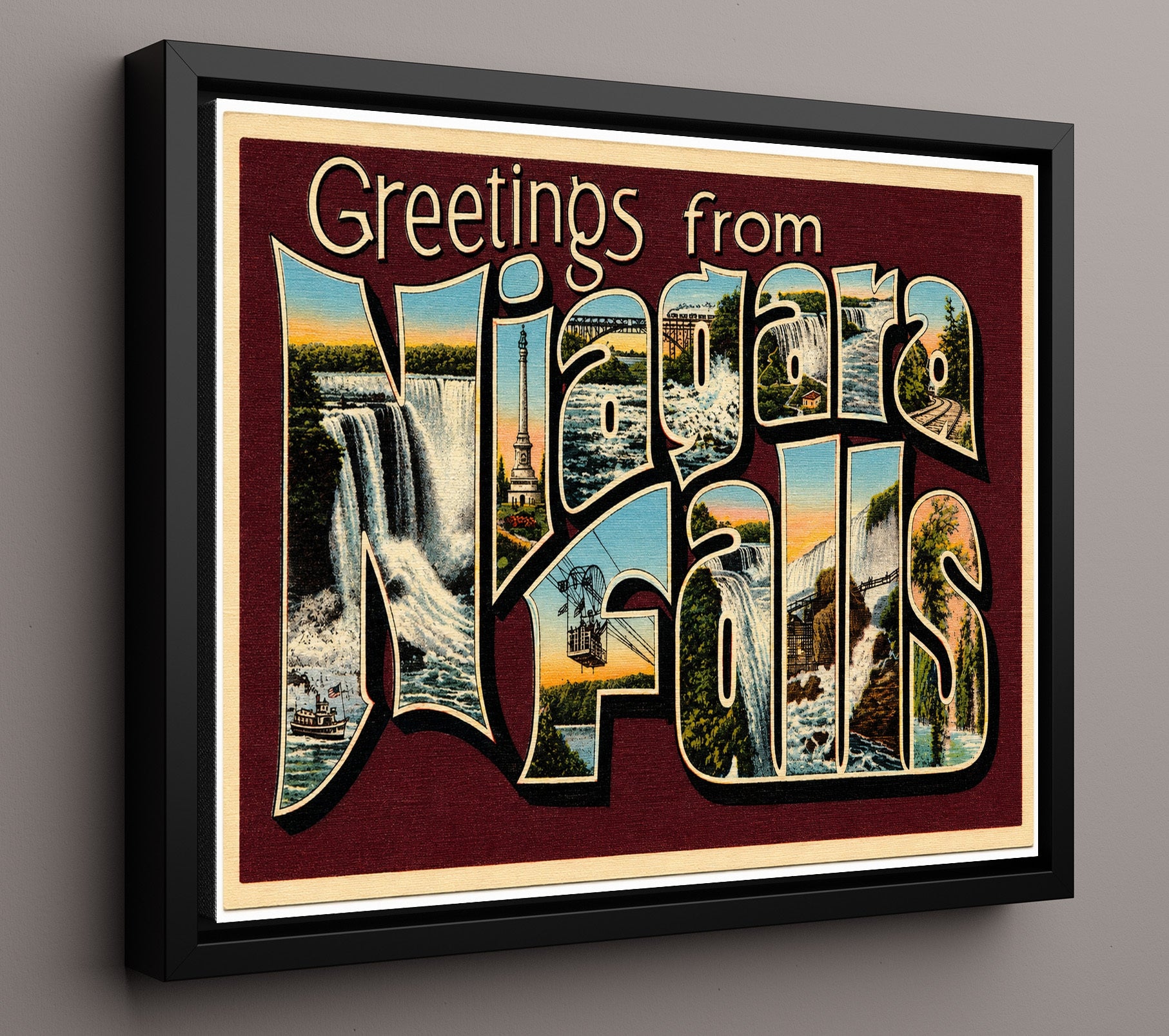Greetings from Niagara Falls - Scenic Design 8x10 Framed Canvas vintage postcard wall art