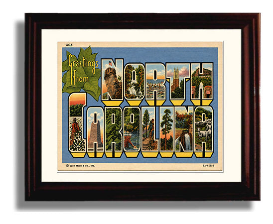 Greetings from North Carolina 8x10 Beveled Frame vintage postcard wall art