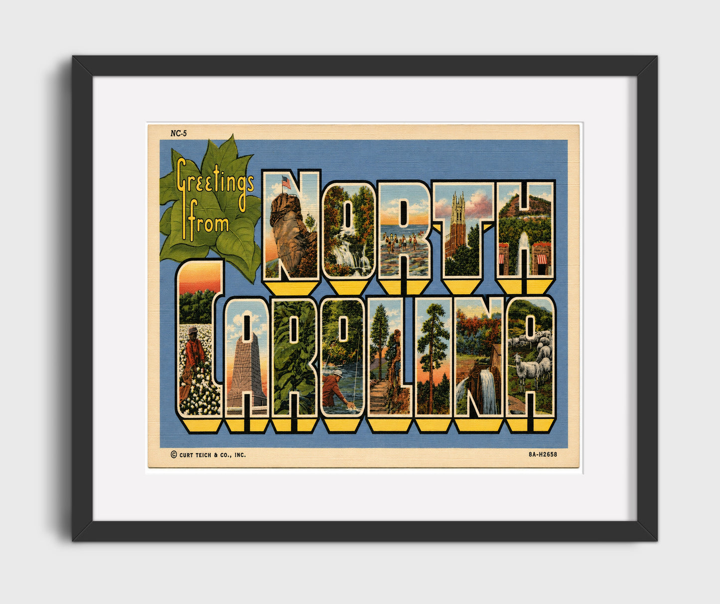 North Carolina Vintage Postcard - Vintage American Wall Art 16x20 Gallery Framed Artwork wall art print – framed decor