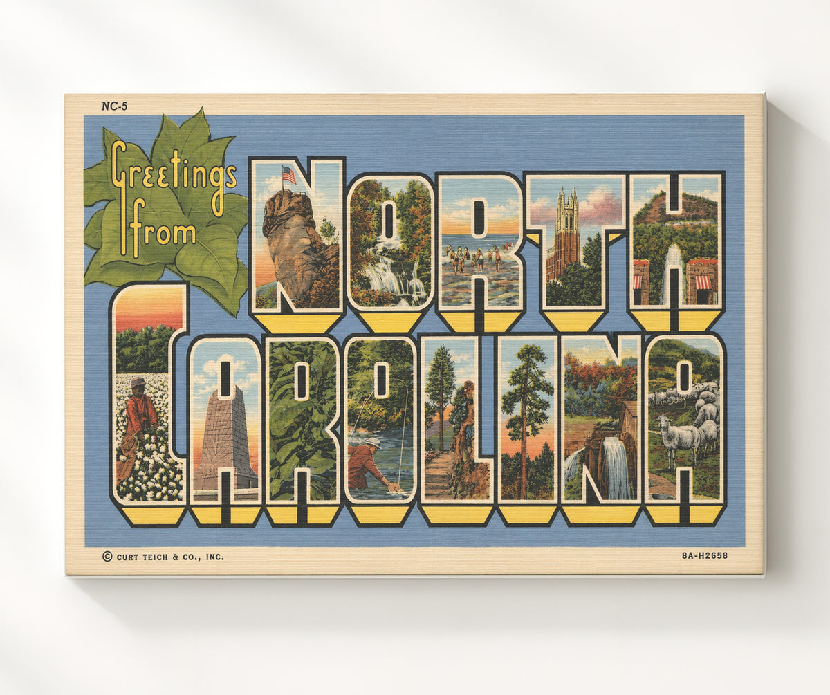 Greetings from North Carolina 8x10 Canvas vintage postcard wall art