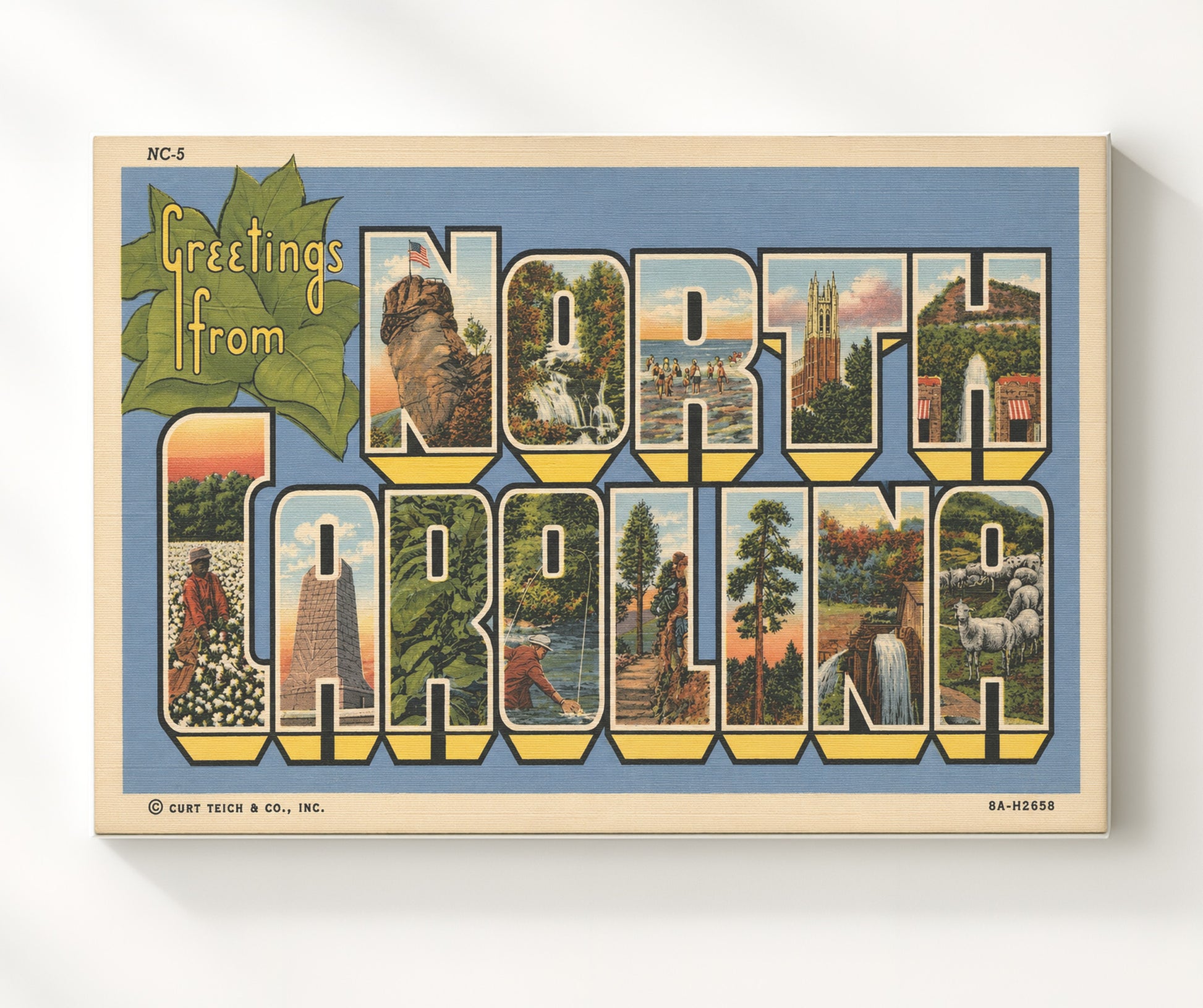 Greetings from North Carolina 8x10 Canvas vintage postcard wall art