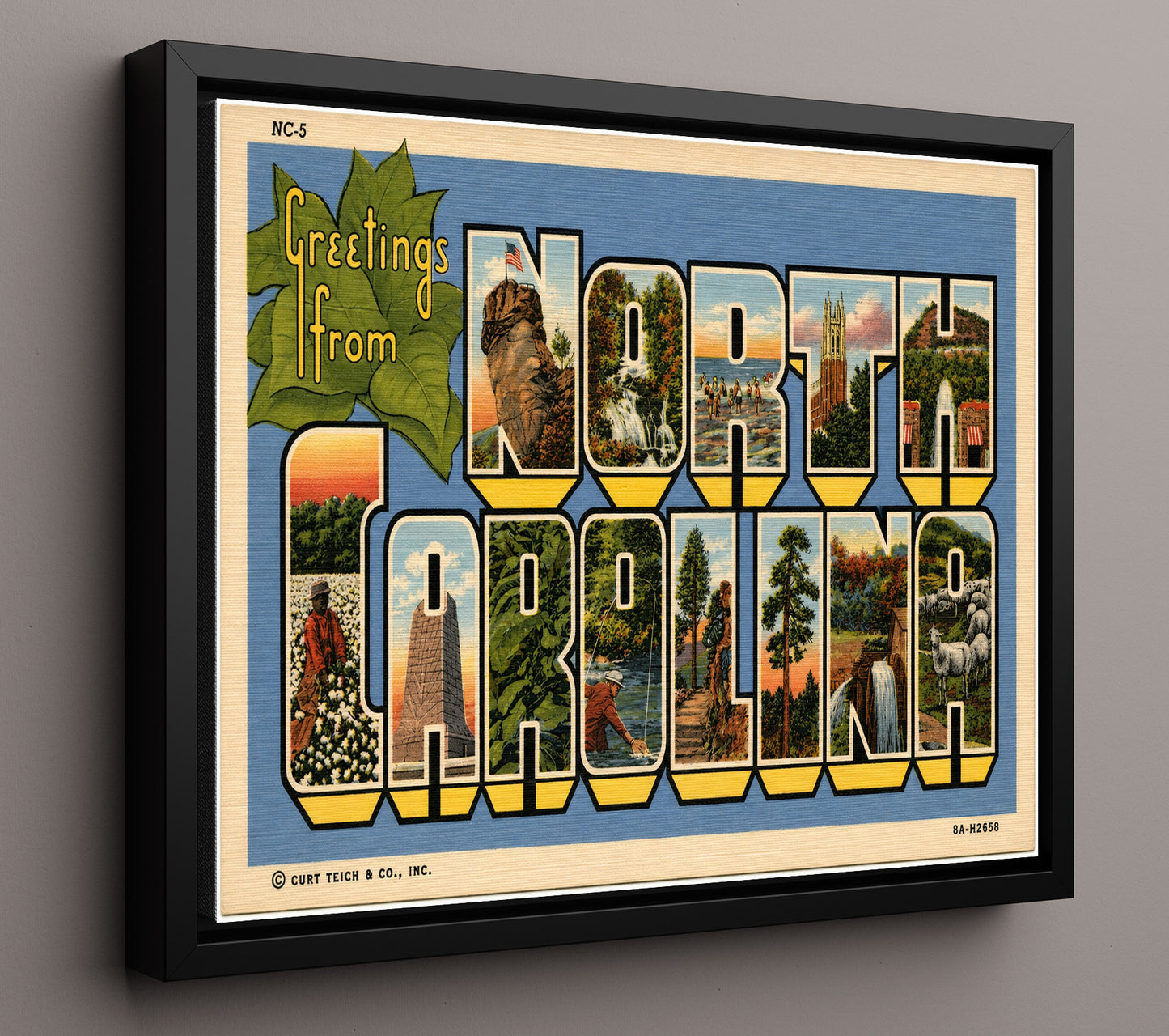Greetings from North Carolina 8x10 Framed Canvas vintage postcard wall art