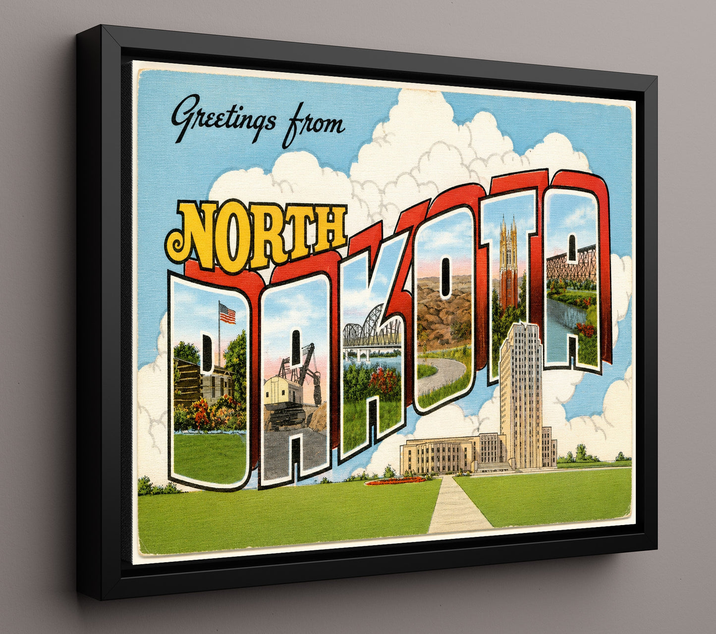 North Dakota State Capitol Vintage Postcard - Vintage American Wall Art 16x20 Floating Canvas Display wall art print – framed decor