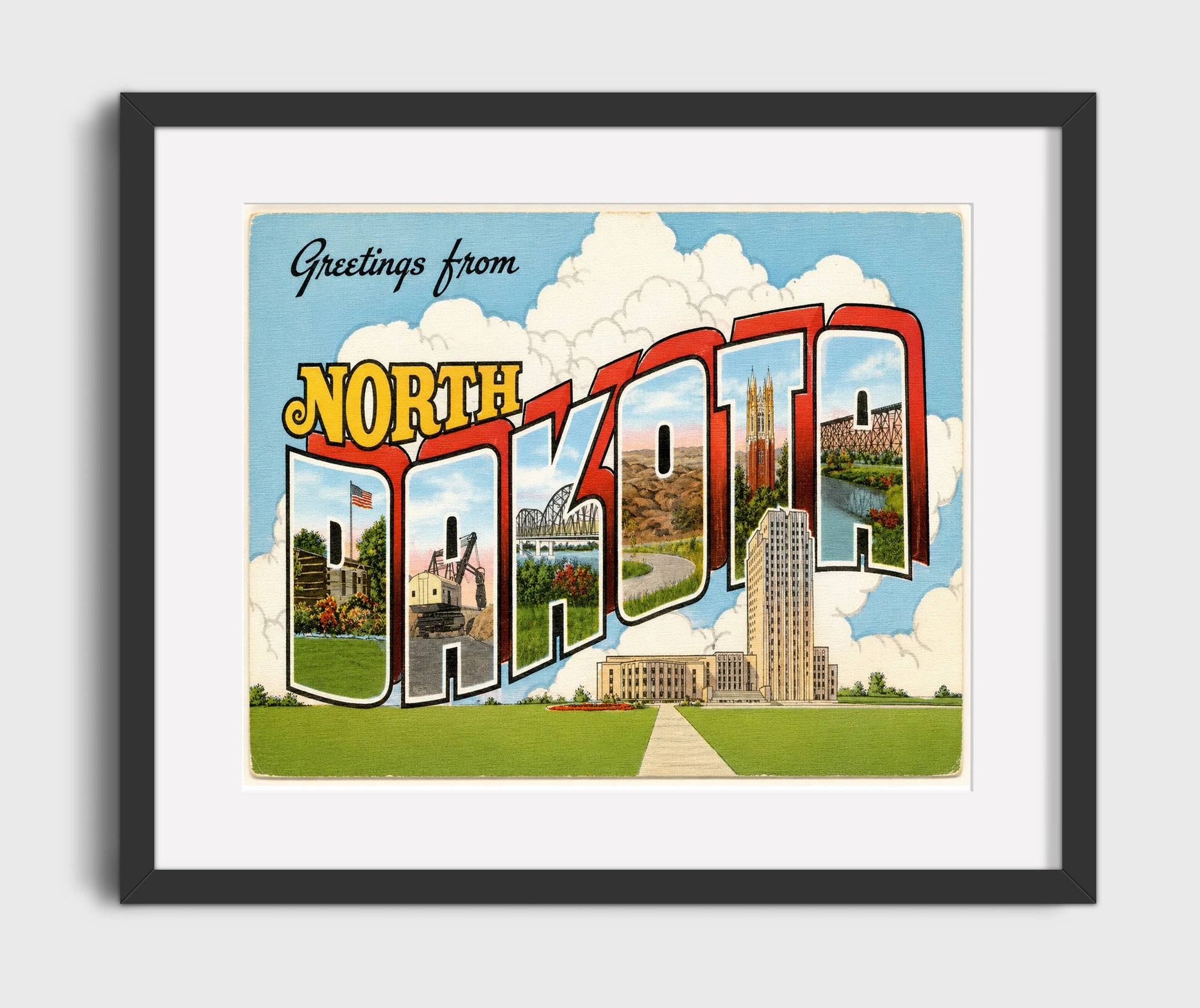 North Dakota State Capitol Vintage Postcard - Vintage American Wall Art 16x20 Gallery Framed Artwork wall art print – framed decor