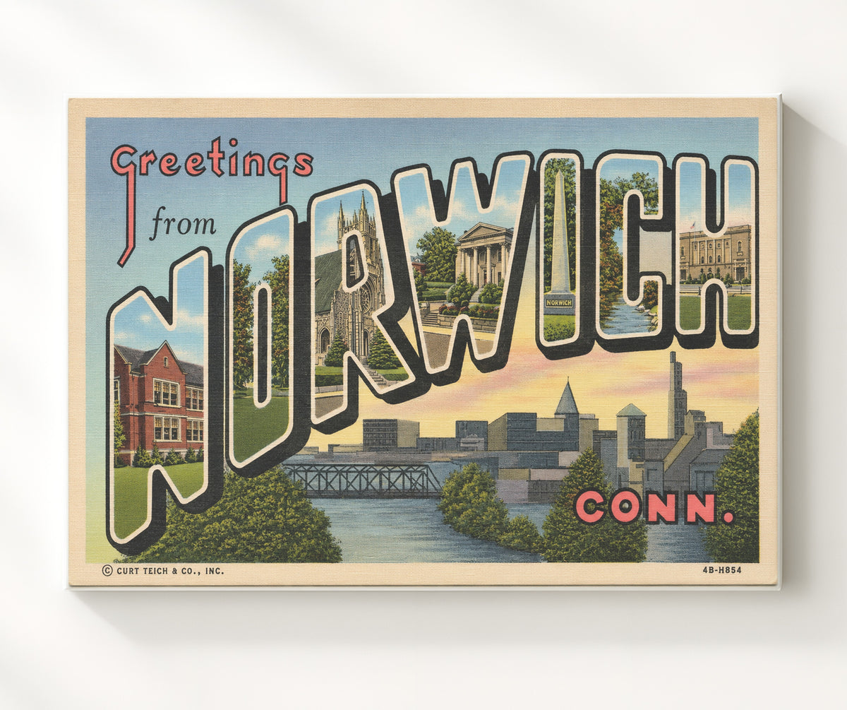 Greetings from Norwich, Connecticut 8x10 Canvas vintage postcard wall art