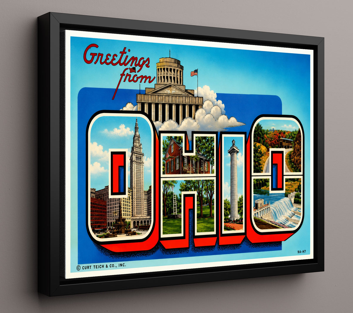 Greetings from Ohio - State Landmarks 8x10 Framed Canvas vintage postcard wall art