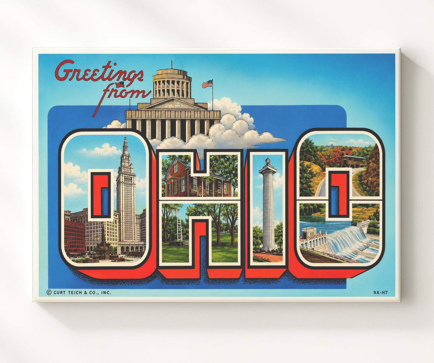 Greetings from Ohio - State Landmarks 8x10 Canvas vintage postcard wall art