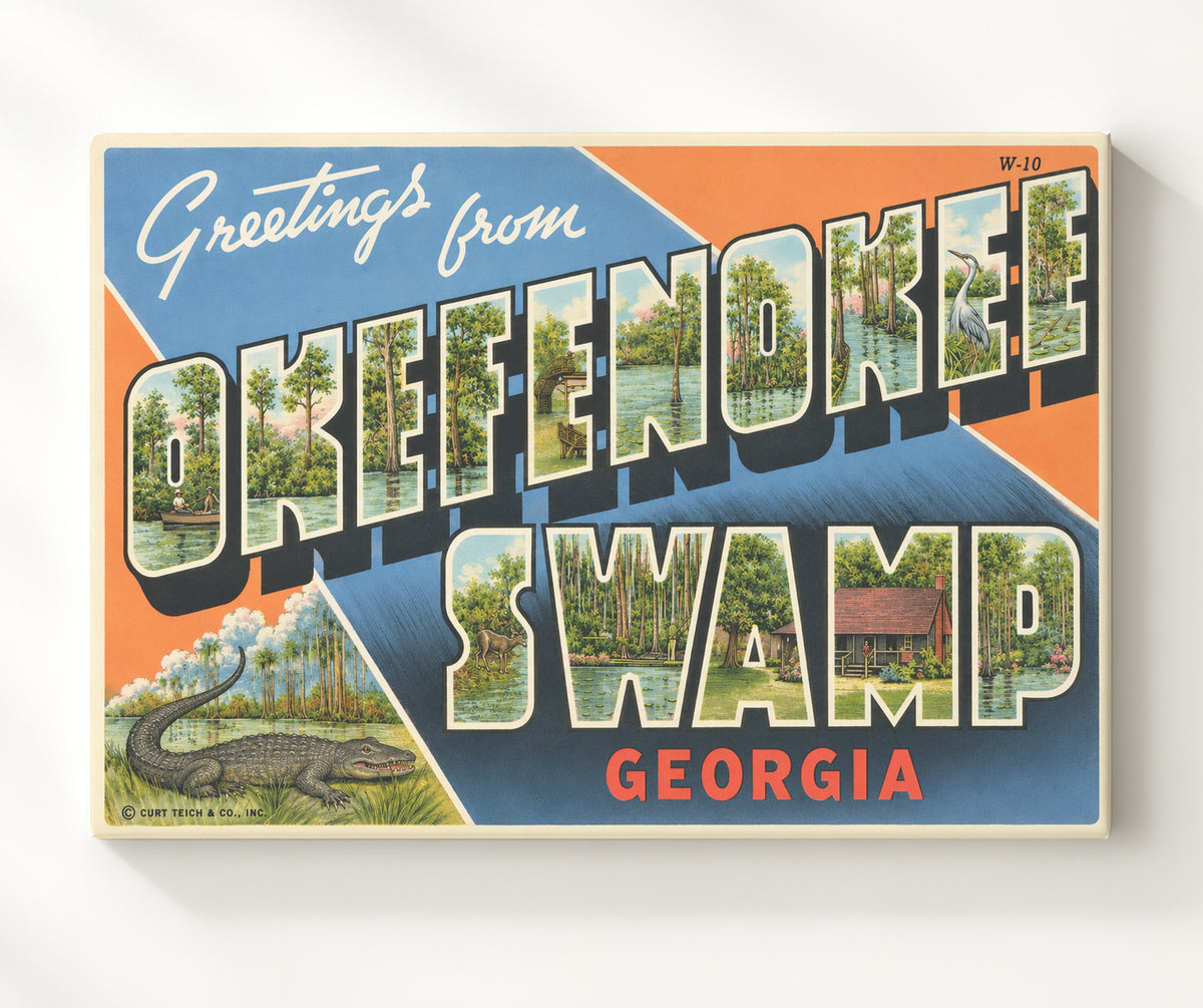 Greetings from Okefenokee Swamp, Georgia 8x10 Canvas vintage postcard wall art