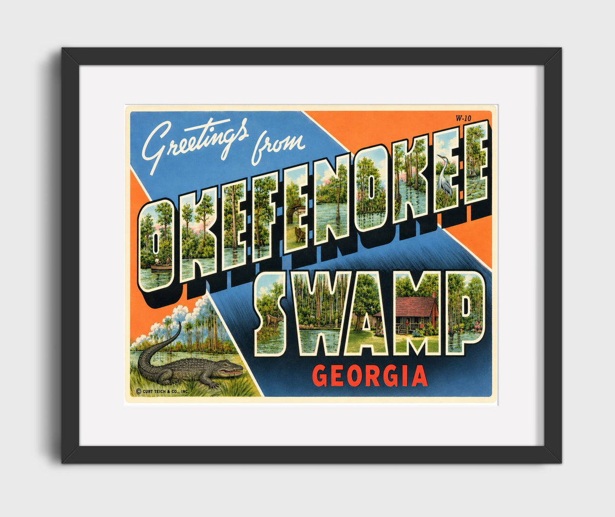Greetings from Okefenokee Swamp, Georgia - Alternate Design 16x20 Gallery Frame vintage postcard wall art