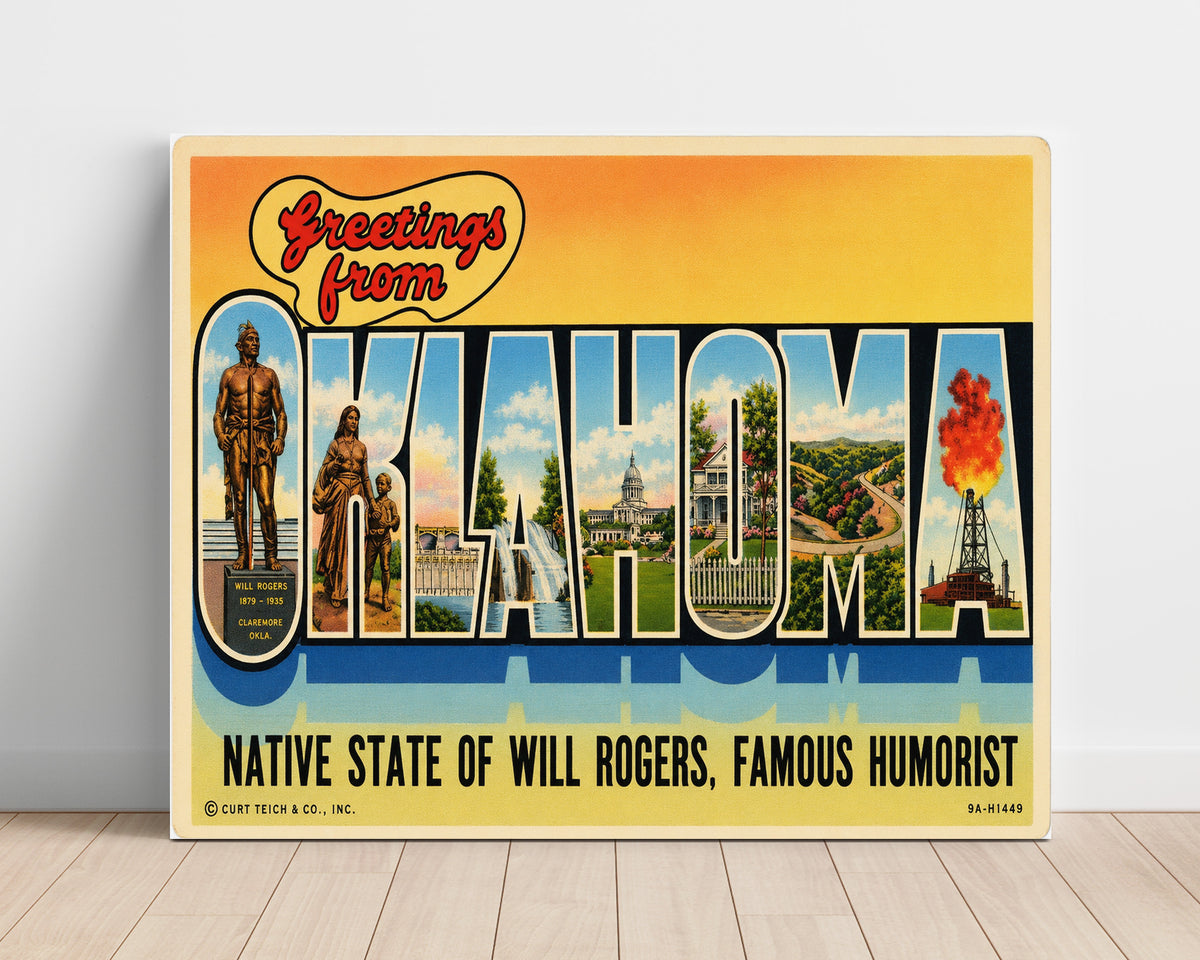 Greetings from Oklahoma - Will Rogers State 8x10 Unframed Print vintage postcard wall art