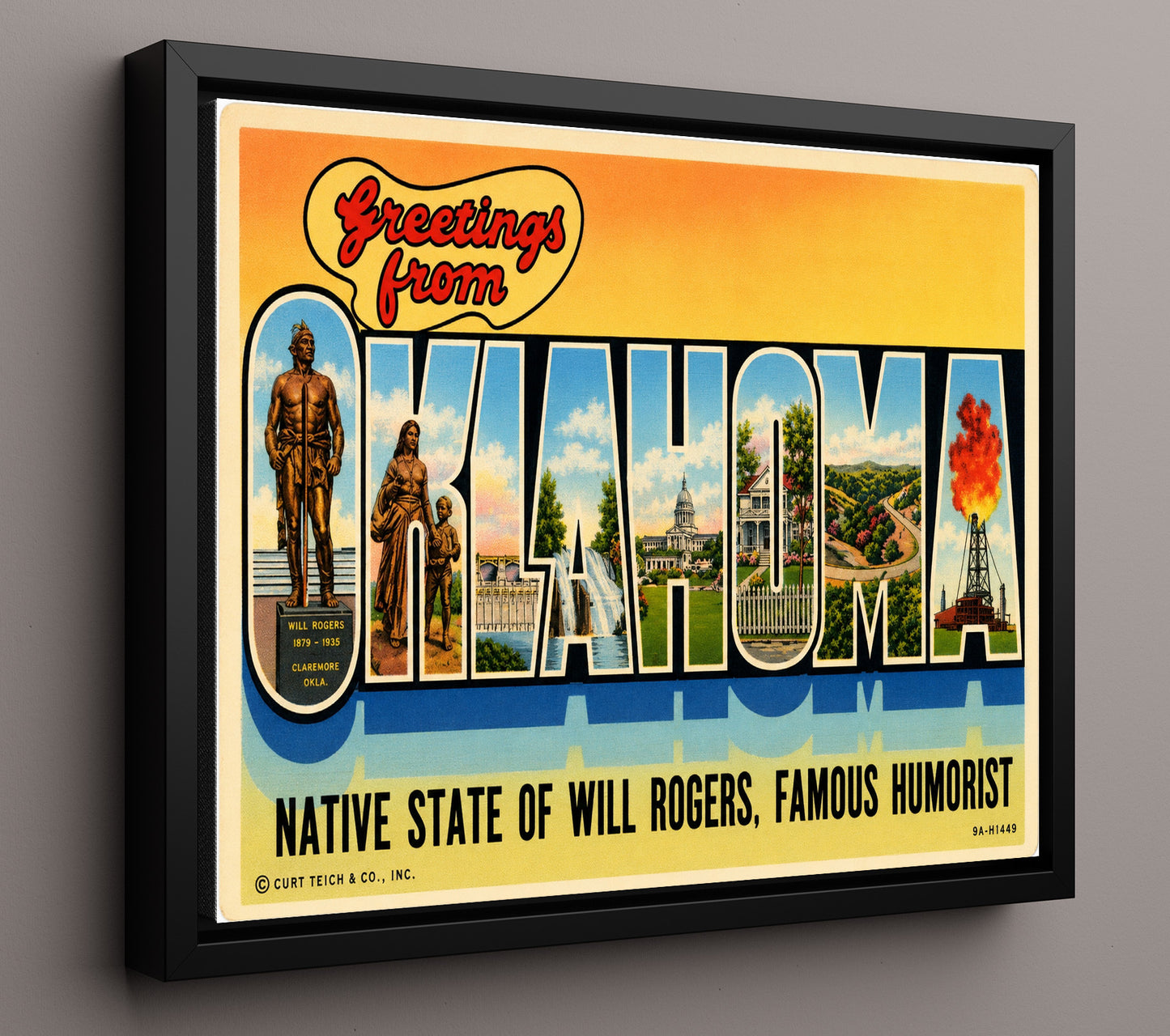 Oklahoma Will Rogers State Vintage Postcard - Vintage American Wall Art 16x20 Floating Canvas Display wall art print – framed decor