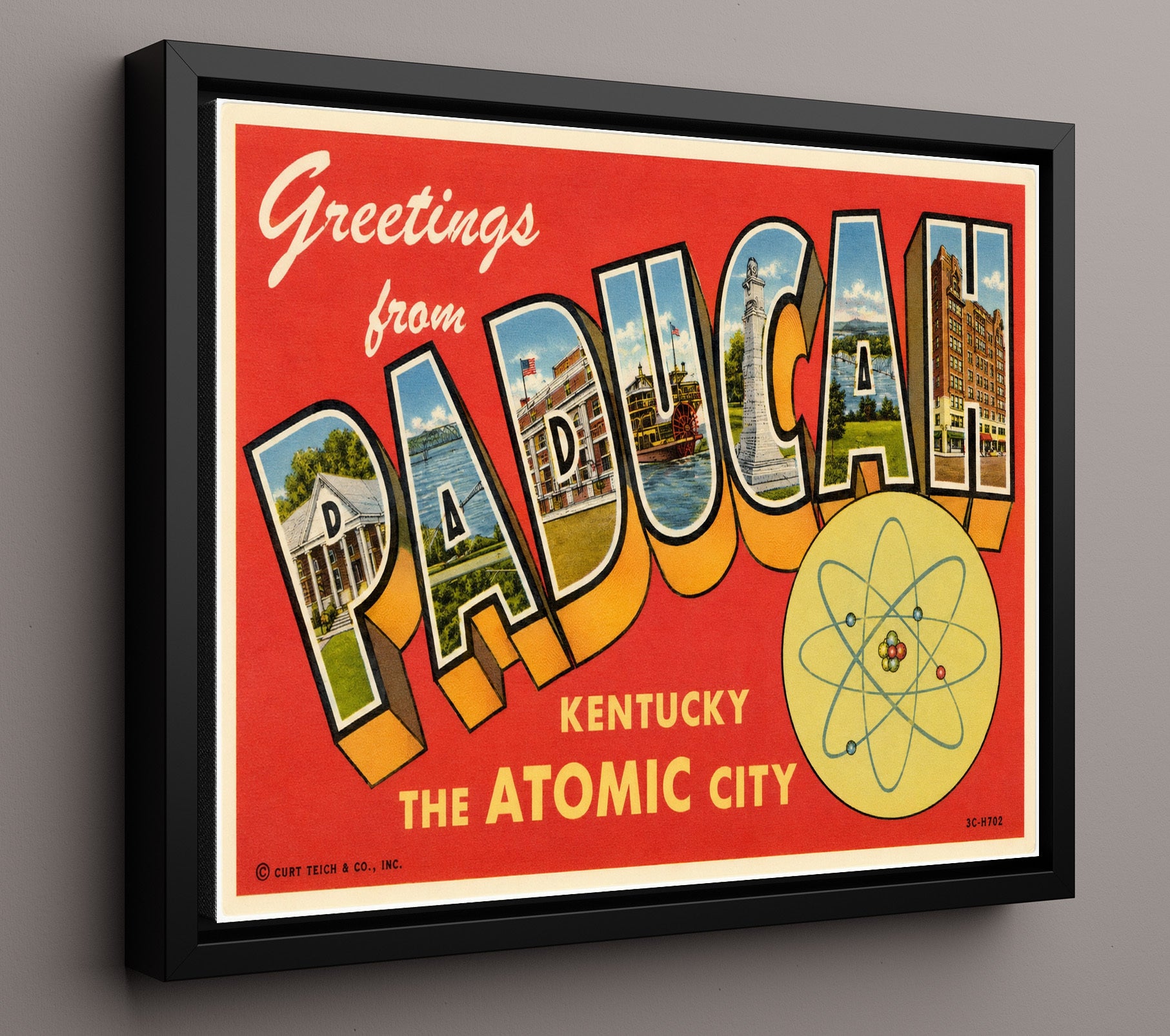 Paducah Kentucky Atomic City Vintage Postcard - Vintage American Wall Art 16x20 Floating Canvas Display wall art print – framed decor