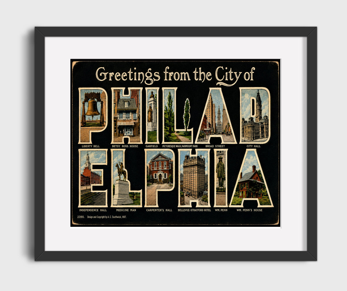 Greetings from Philadelphia, Pennsylvania - Historic Landmarks 16x20 Gallery Frame vintage postcard wall art