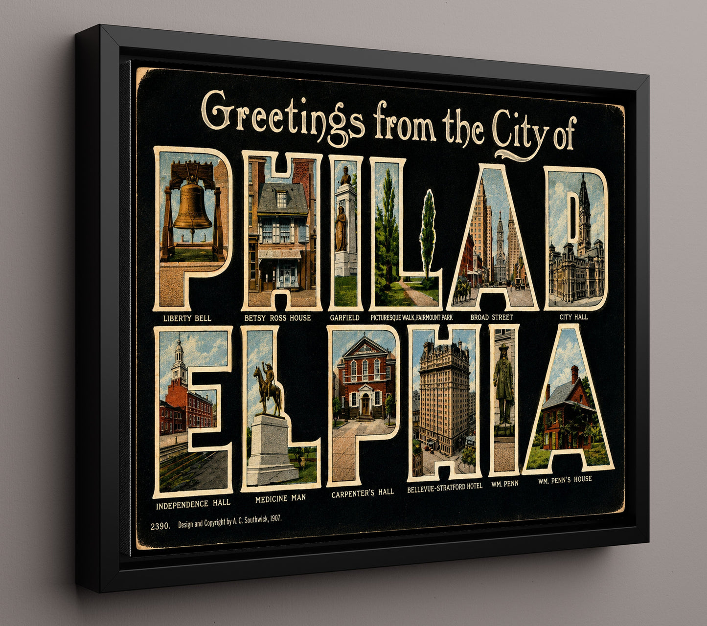 Philadelphia Pennsylvania Historic Landmarks Vintage Postcard - Vintage American Wall Art 16x20 Floating Canvas Display wall art print – framed decor