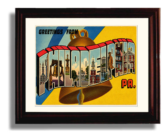 Greetings from Philadelphia, Pennsylvania - Liberty Bell 8x10 Beveled Frame vintage postcard wall art