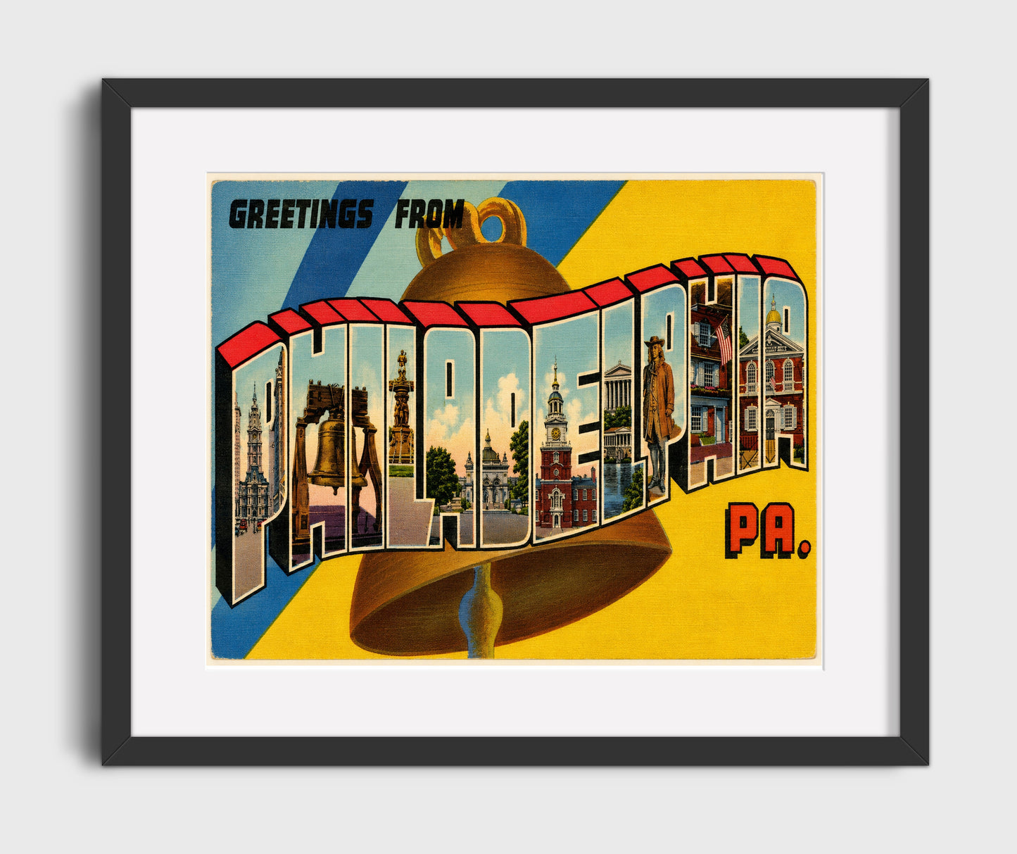 Greetings from Philadelphia, Pennsylvania - Liberty Bell 16x20 Gallery Frame vintage postcard wall art