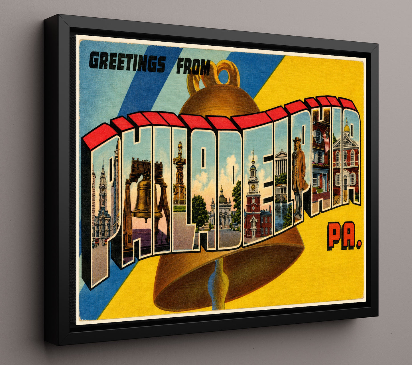 Greetings from Philadelphia, Pennsylvania - Liberty Bell 8x10 Framed Canvas vintage postcard wall art
