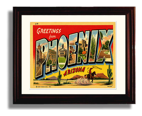 Greetings from Phoenix, Arizona 8x10 Beveled Frame vintage postcard wall art