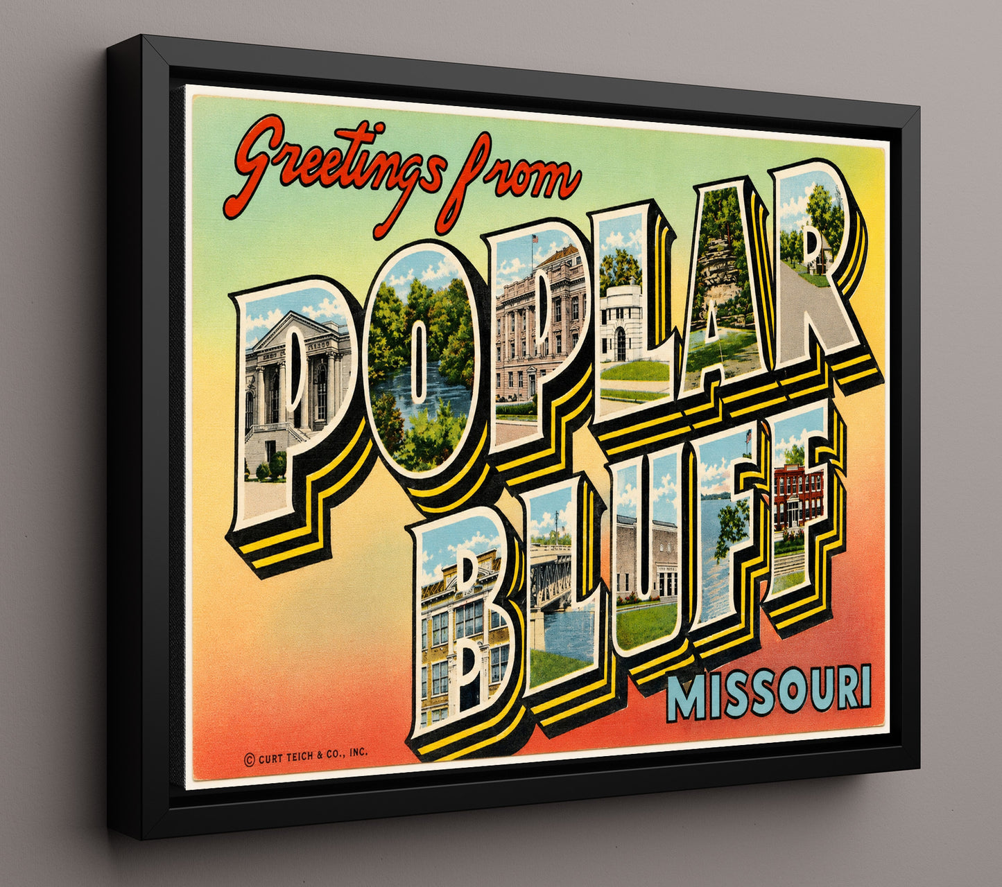 Poplar Bluff, Missouri Vintage Postcard - Vintage American Wall Art 16x20 Floating Canvas Display wall art print – framed decor
