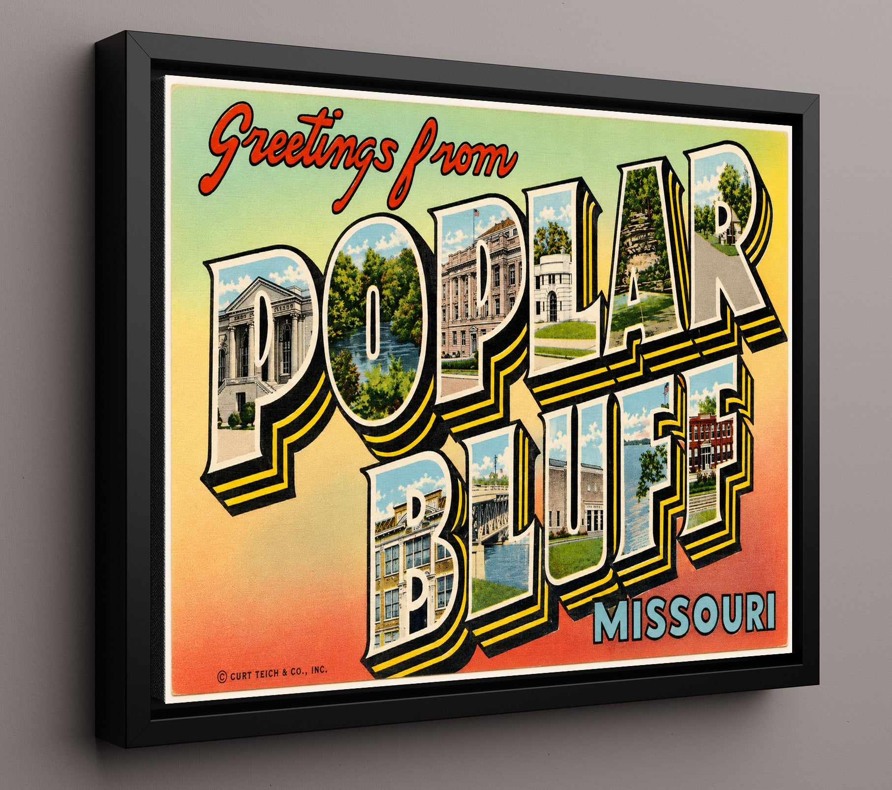 Poplar Bluff, Missouri Vintage Postcard - Vintage American Wall Art 16x20 Floating Canvas Display wall art print – framed decor