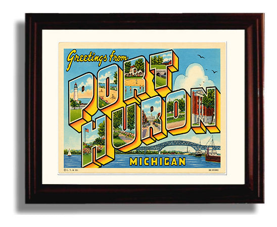 Greetings from Port Huron, Michigan 8x10 Beveled Frame vintage postcard wall art