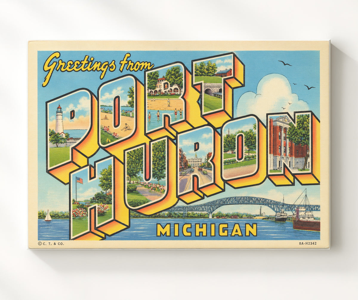 Greetings from Port Huron, Michigan 8x10 Canvas vintage postcard wall art