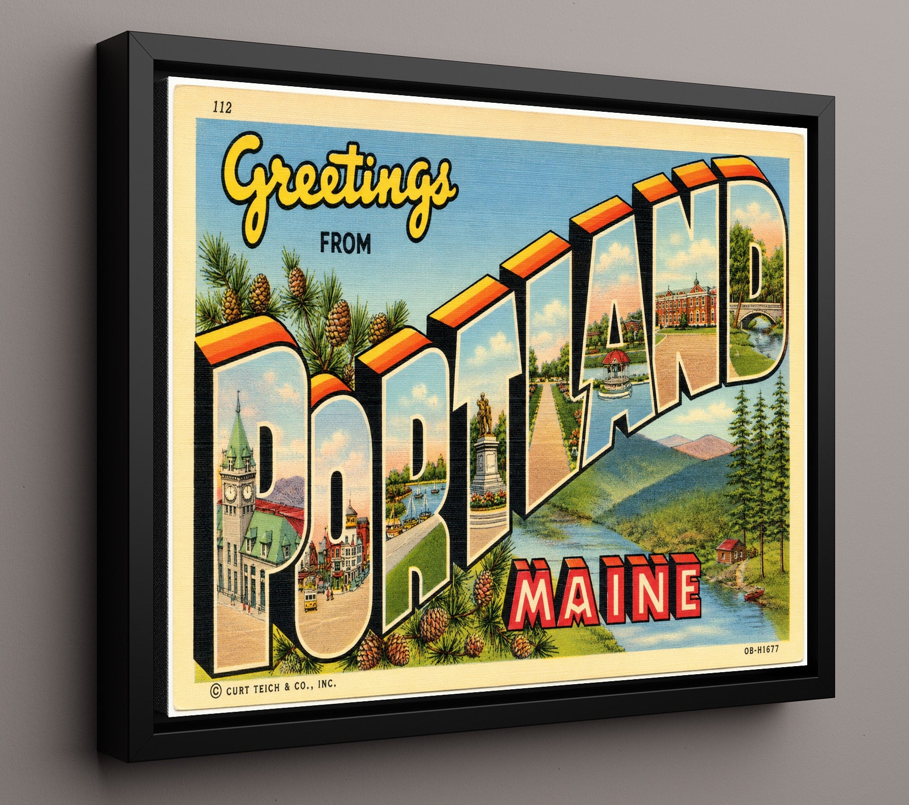 Portland, Maine Vintage Postcard - Vintage American Wall Art 16x20 Floating Canvas Display wall art print – framed decor