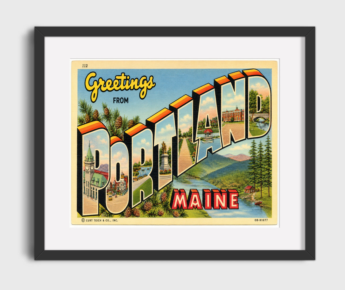Greetings from Portland, Maine 16x20 Gallery Frame vintage postcard wall art