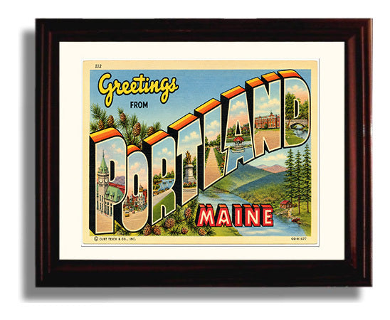 Greetings from Portland, Maine 8x10 Beveled Frame vintage postcard wall art