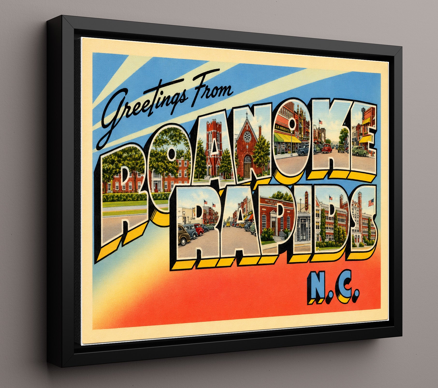 Roanoke Rapids, North Carolina Vintage Postcard - Vintage American Wall Art 16x20 Floating Canvas Display wall art print – framed decor