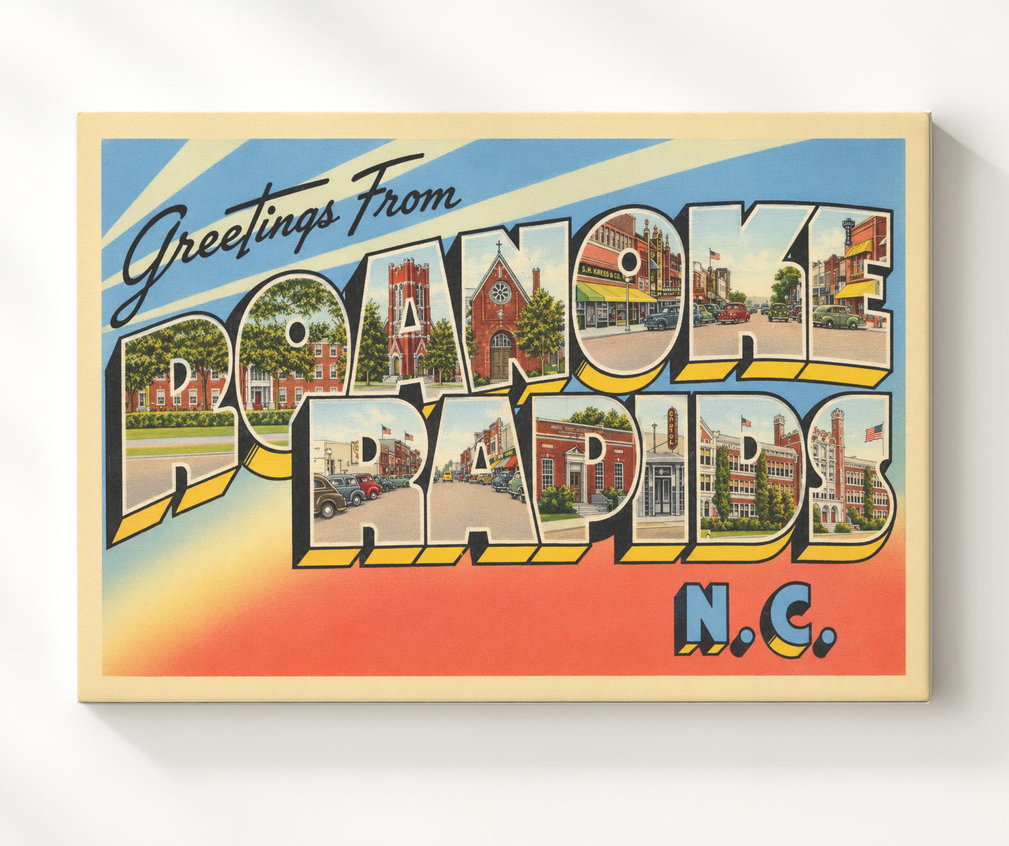 Roanoke Rapids, North Carolina Vintage Postcard - Vintage American Wall Art 16x20 Canvas Wall Art wall art print – canvas decor