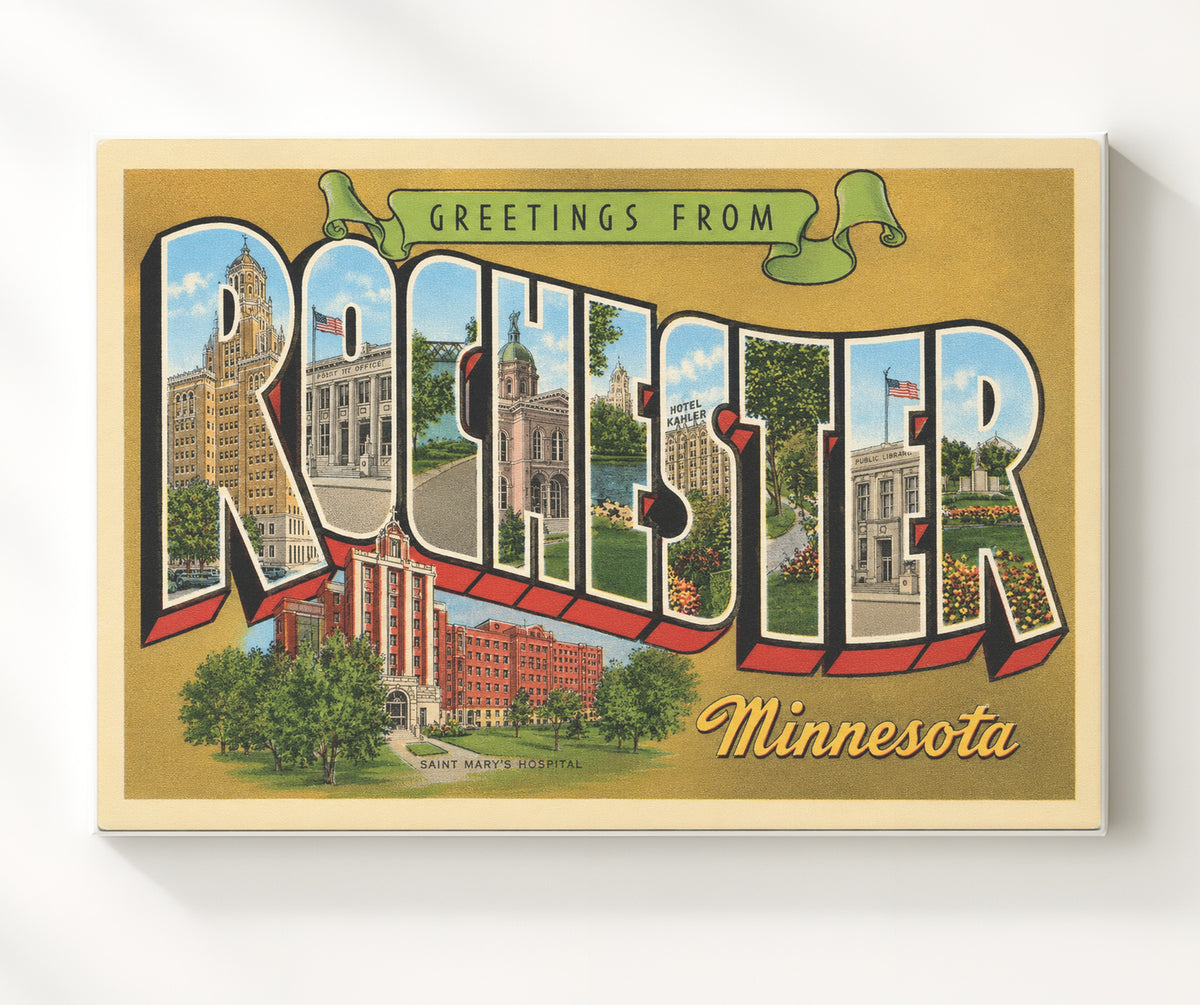 Greetings from Rochester, Minnesota 8x10 Canvas vintage postcard wall art
