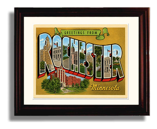 Greetings from Rochester, Minnesota 8x10 Beveled Frame vintage postcard wall art