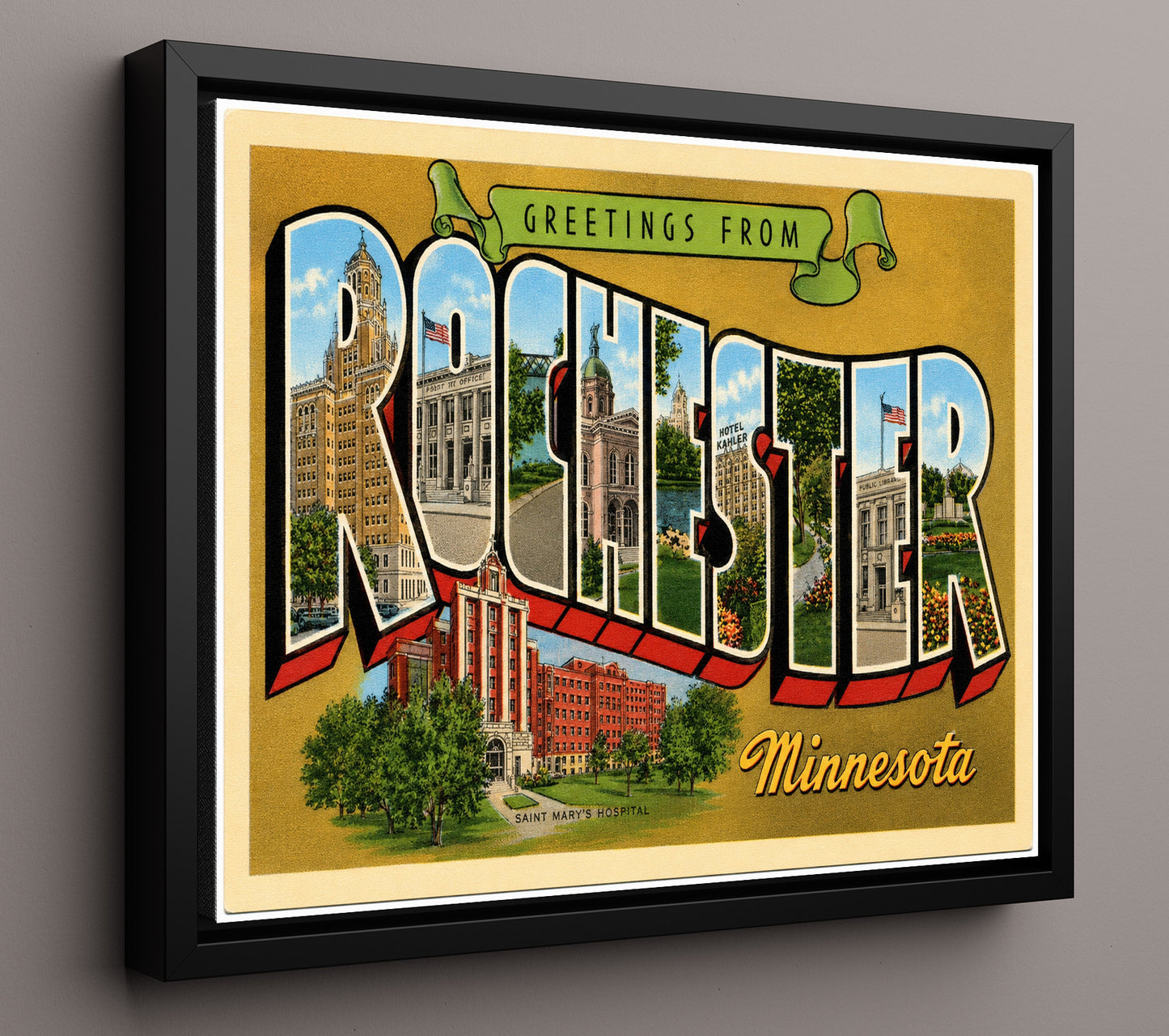 Greetings from Rochester, Minnesota 8x10 Framed Canvas vintage postcard wall art