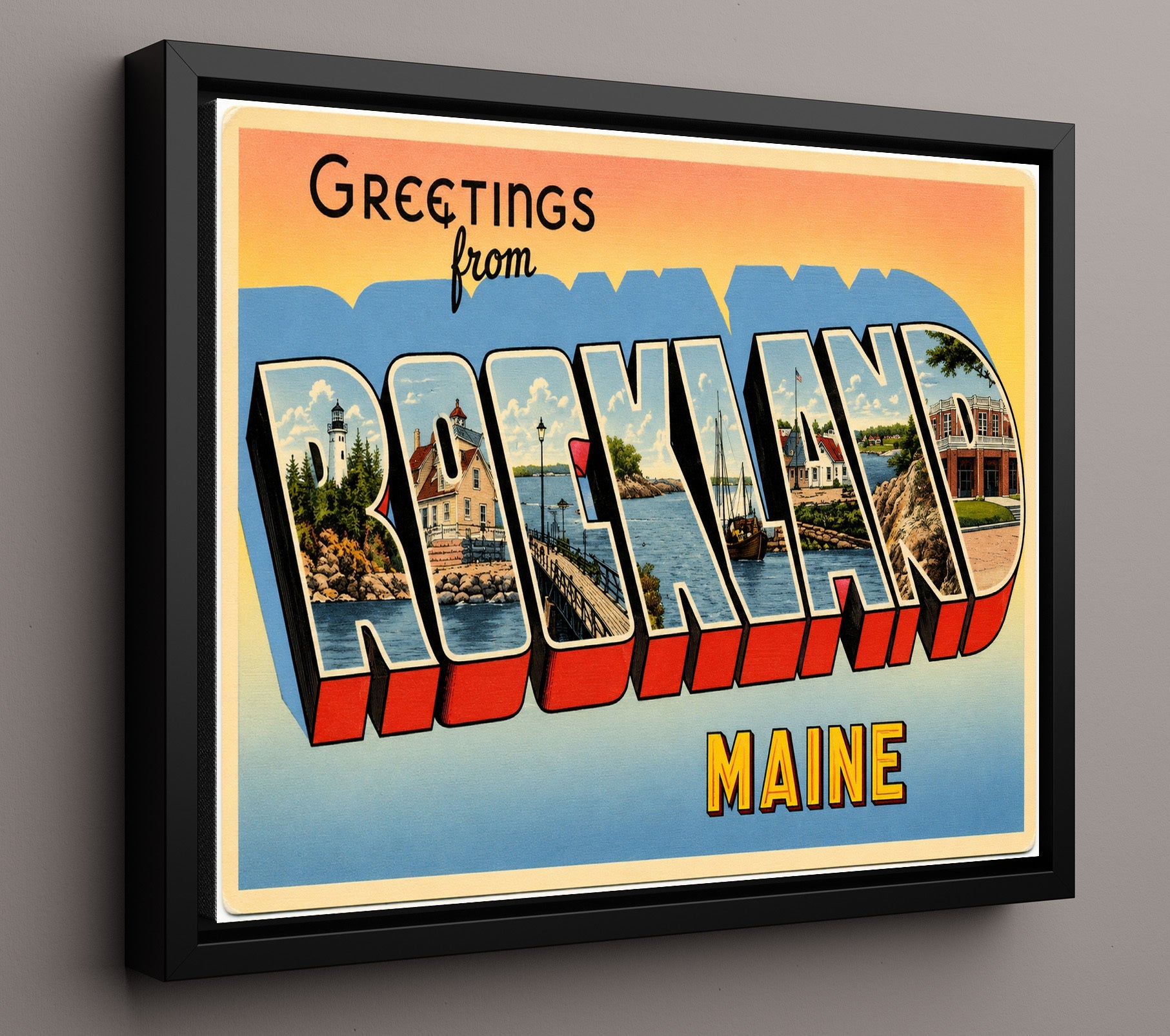 Rockland, Maine Vintage Postcard - Vintage American Wall Art 16x20 Floating Canvas Display wall art print – framed decor