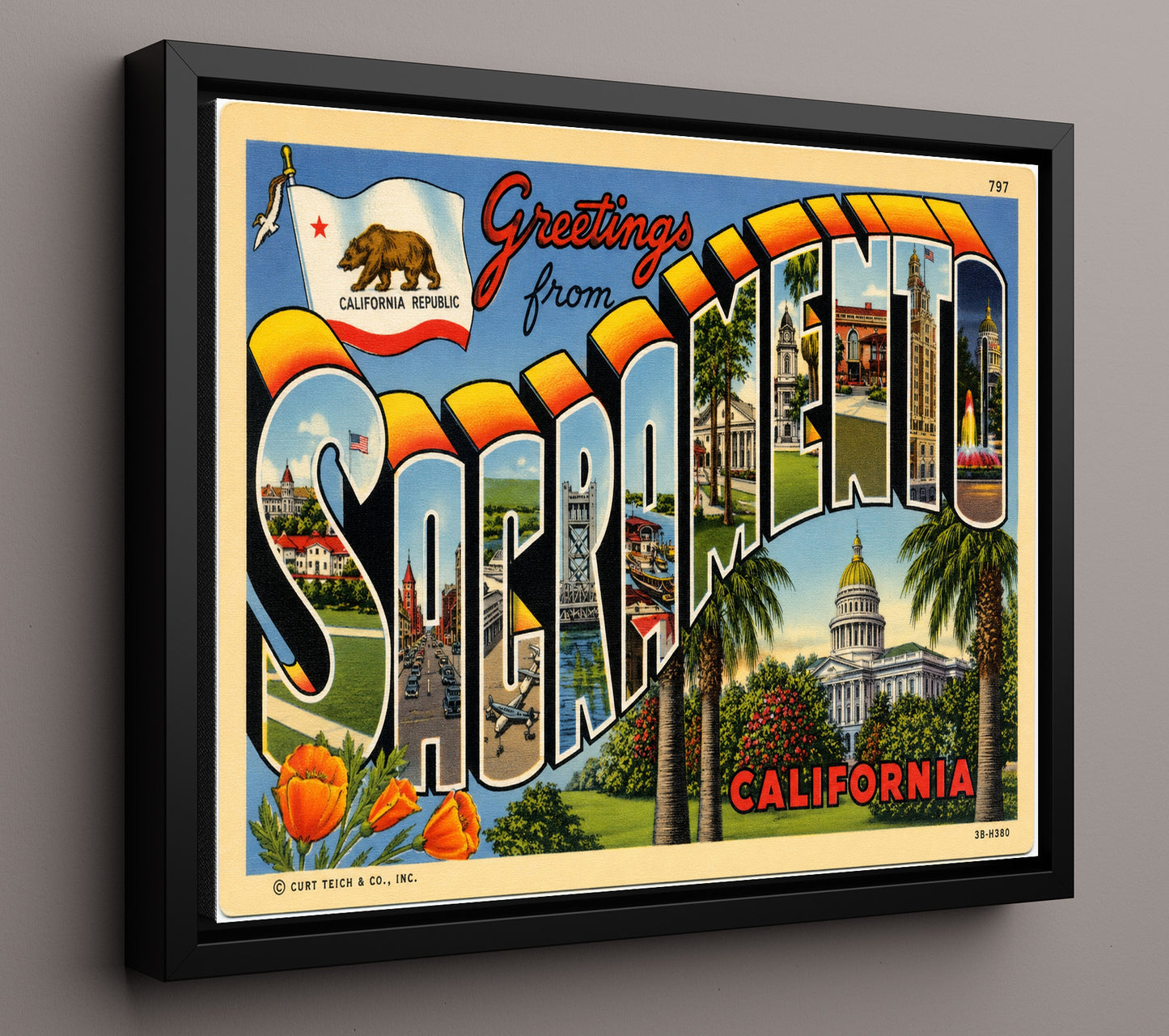 Sacramento, California Vintage Postcard - Vintage American Wall Art 16x20 Floating Canvas Display wall art print – framed decor