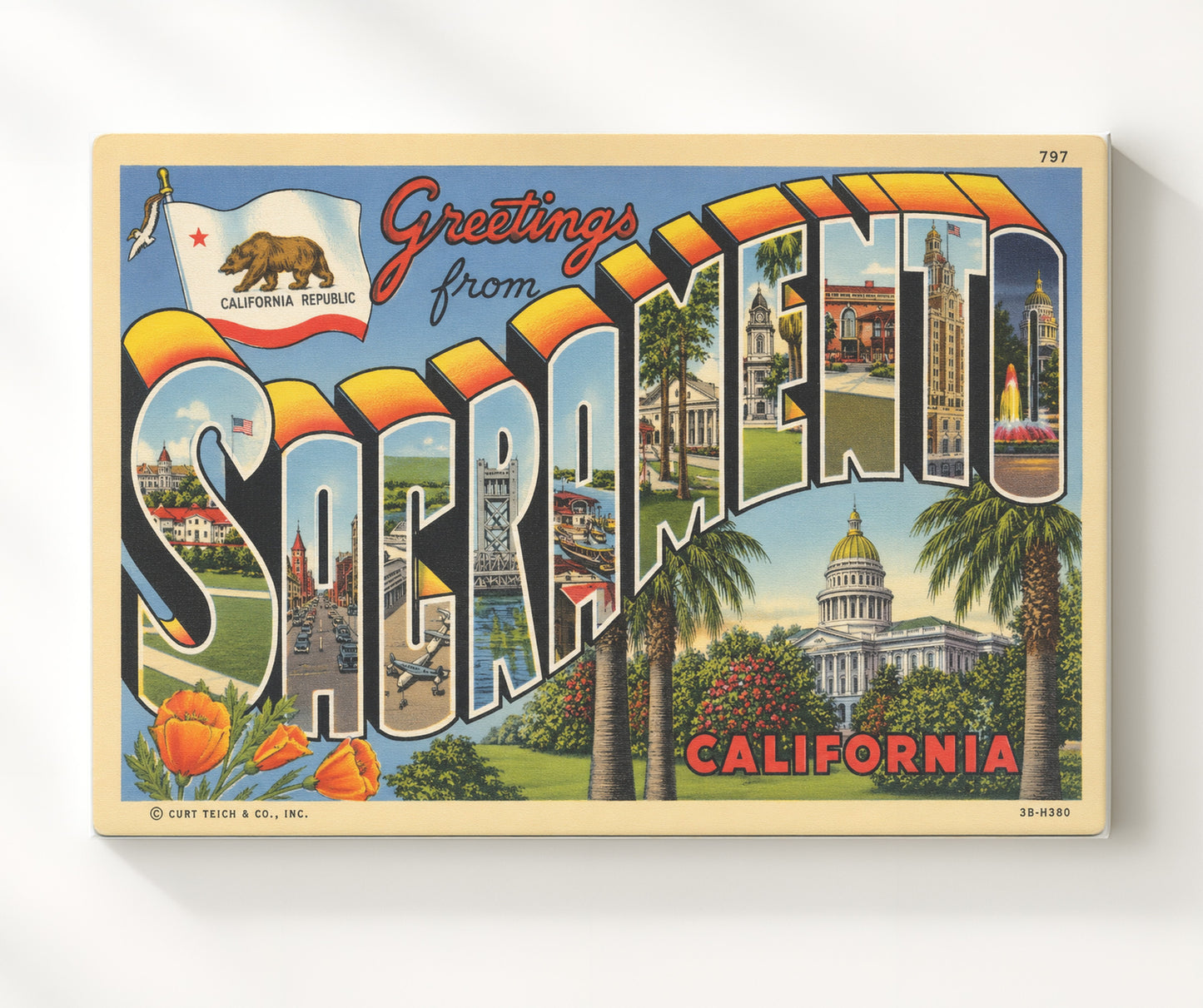 Greetings from Sacramento, California 8x10 Canvas vintage postcard wall art