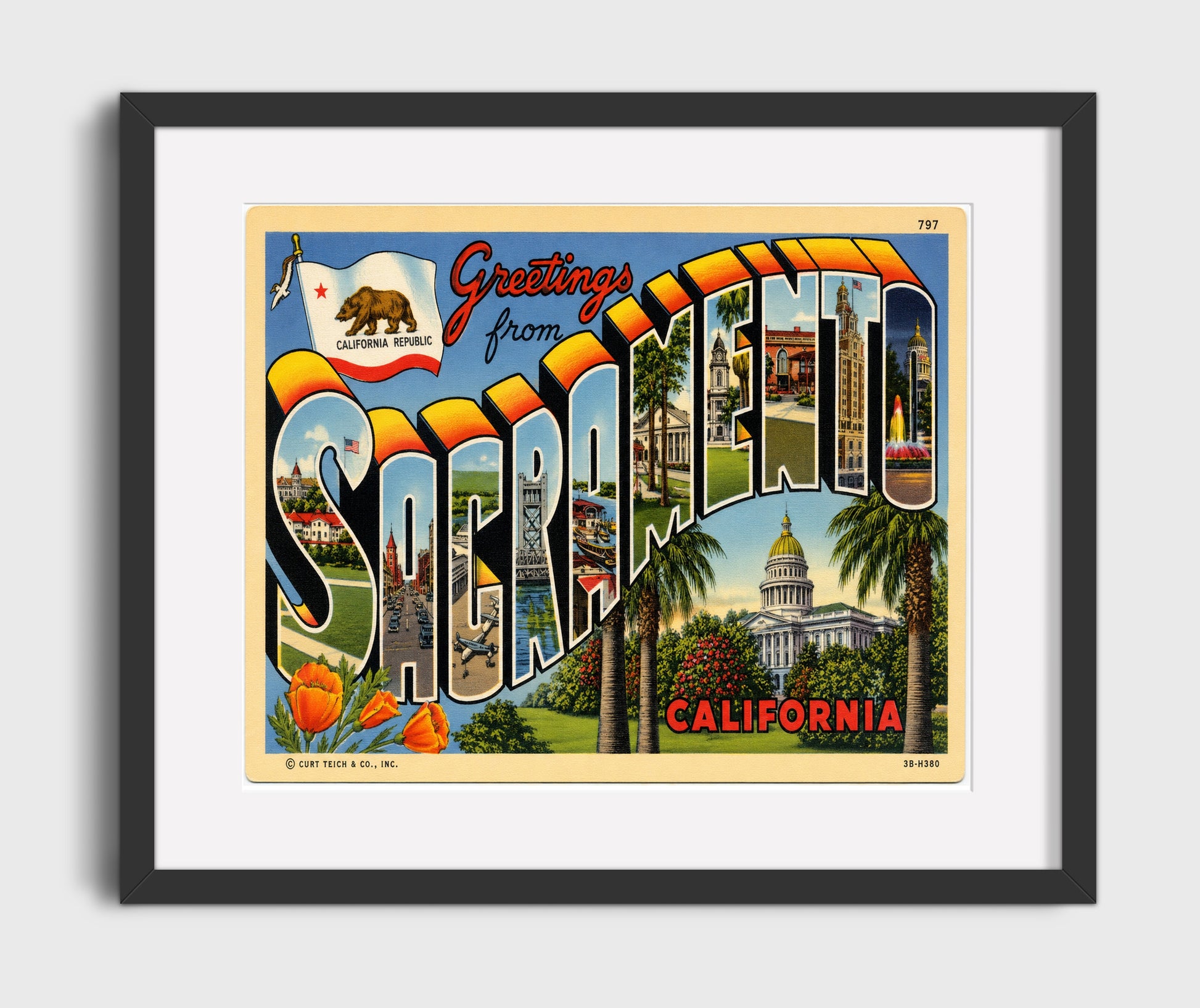 Sacramento, California Vintage Postcard - Vintage American Wall Art 16x20 Gallery Framed Artwork wall art print – framed decor