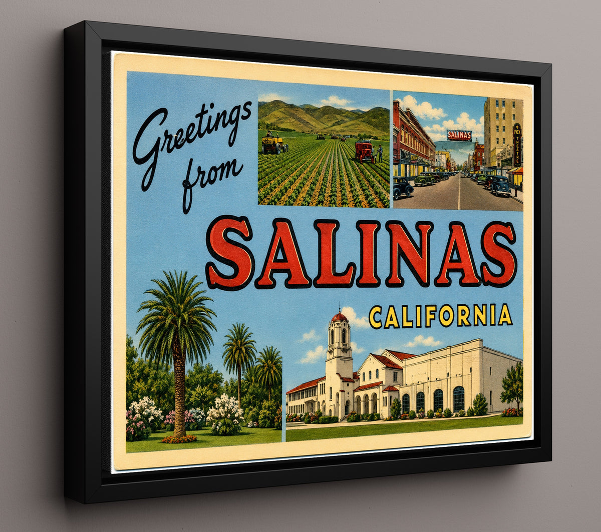 Greetings from Salinas, California 8x10 Framed Canvas vintage postcard wall art