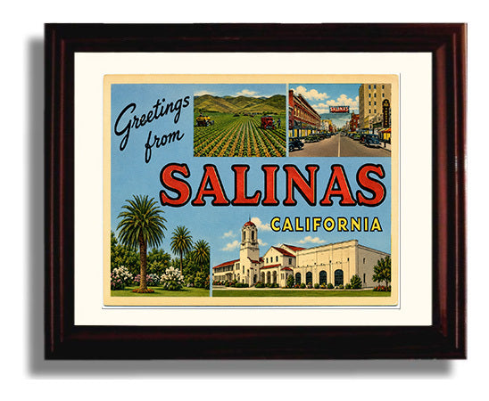 Greetings from Salinas, California 8x10 Beveled Frame vintage postcard wall art