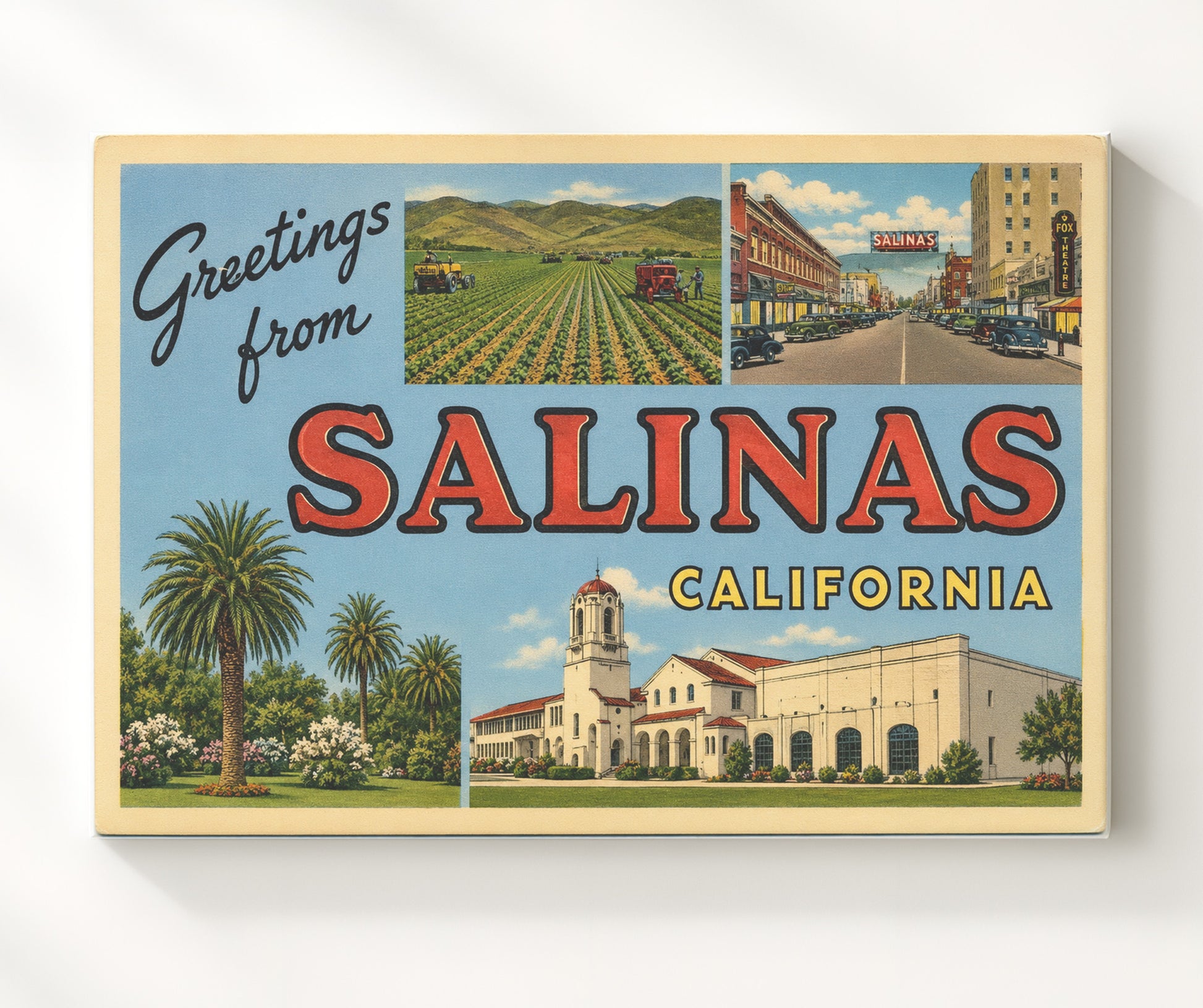 Greetings from Salinas, California 8x10 Canvas vintage postcard wall art