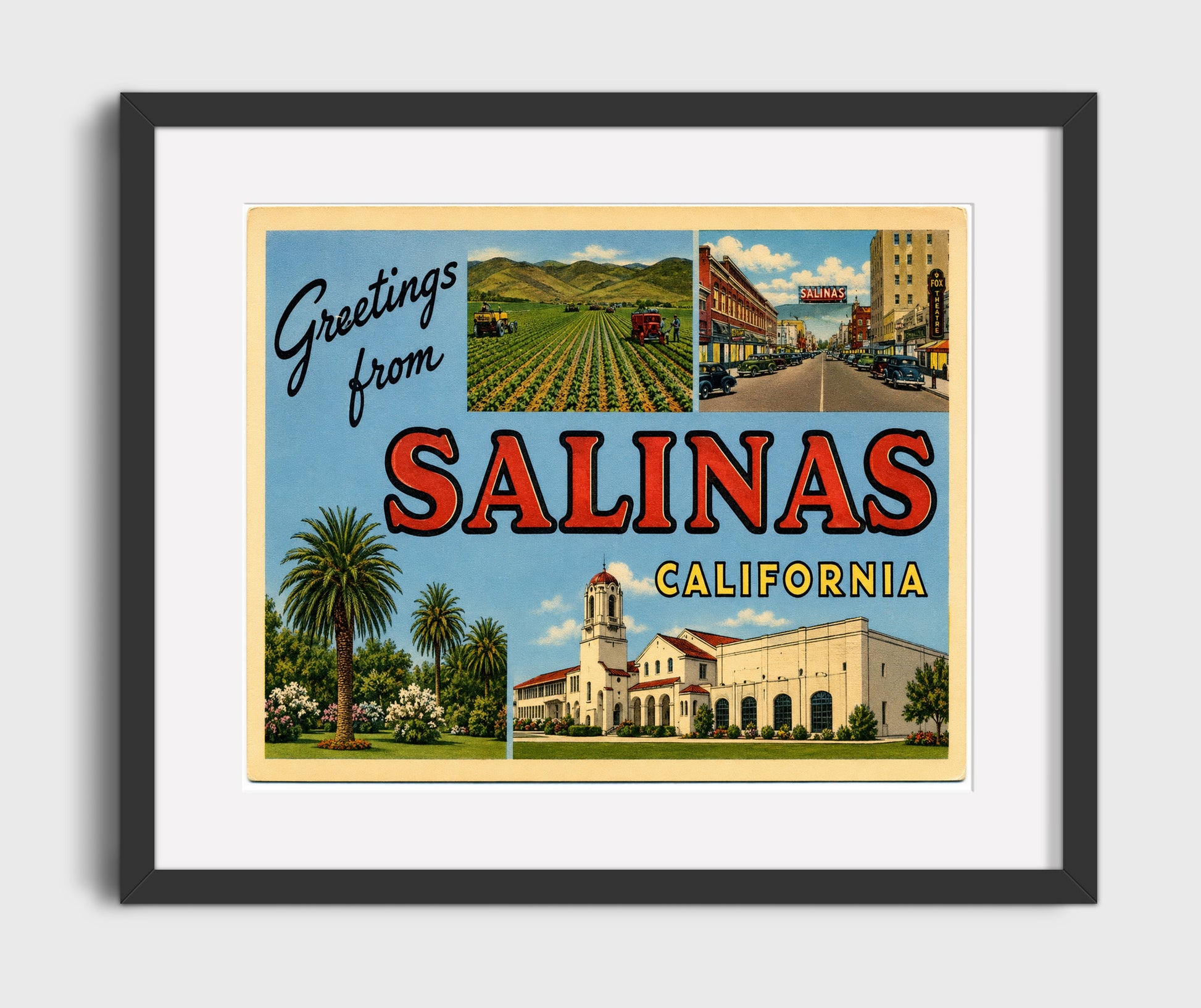 Salinas, California Vintage Postcard - Vintage American Wall Art 16x20 Gallery Framed Artwork wall art print – framed decor