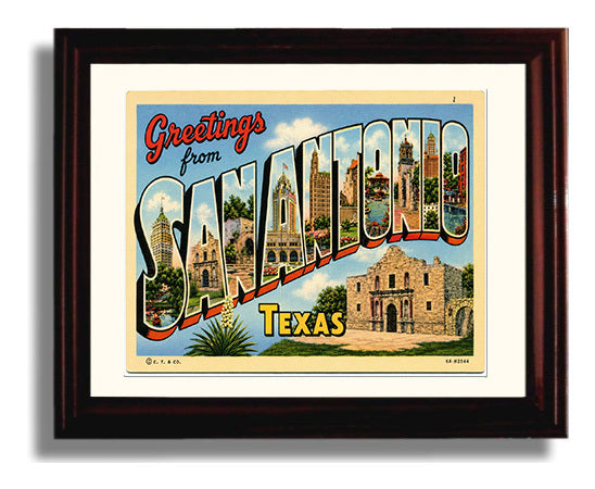 Greetings from San Antonio, Texas 8x10 Beveled Frame vintage postcard wall art