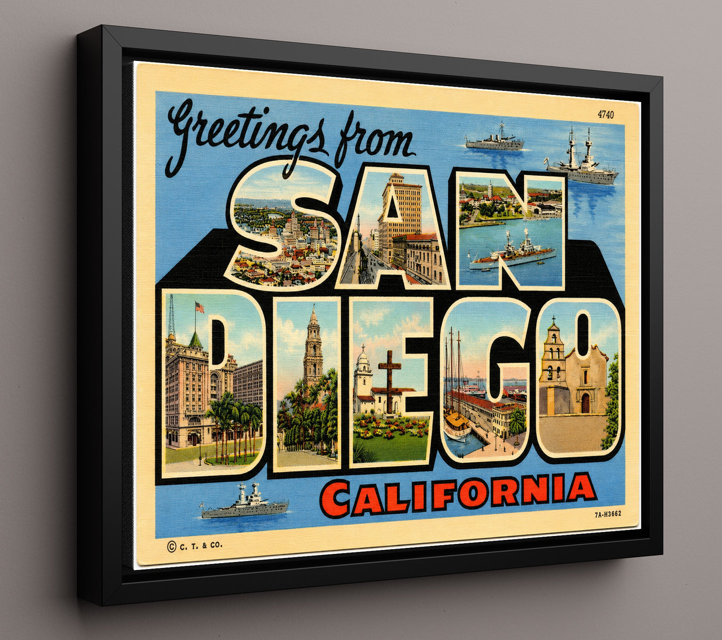 San Diego, California Vintage Postcard - Vintage American Wall Art 16x20 Floating Canvas Display wall art print – framed decor