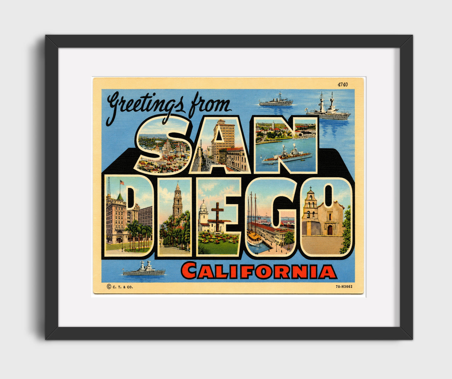 San Diego, California Vintage Postcard - Vintage American Wall Art 16x20 Gallery Framed Artwork wall art print – framed decor