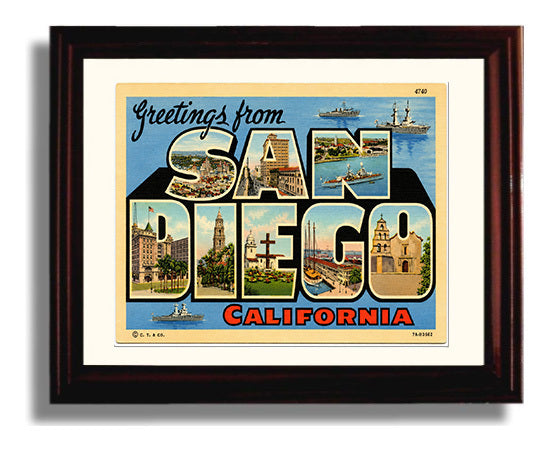 San Diego, California Vintage Postcard - Vintage American Wall Art Framed 8x10 Matted Beveled Frame wall art print – framed decor