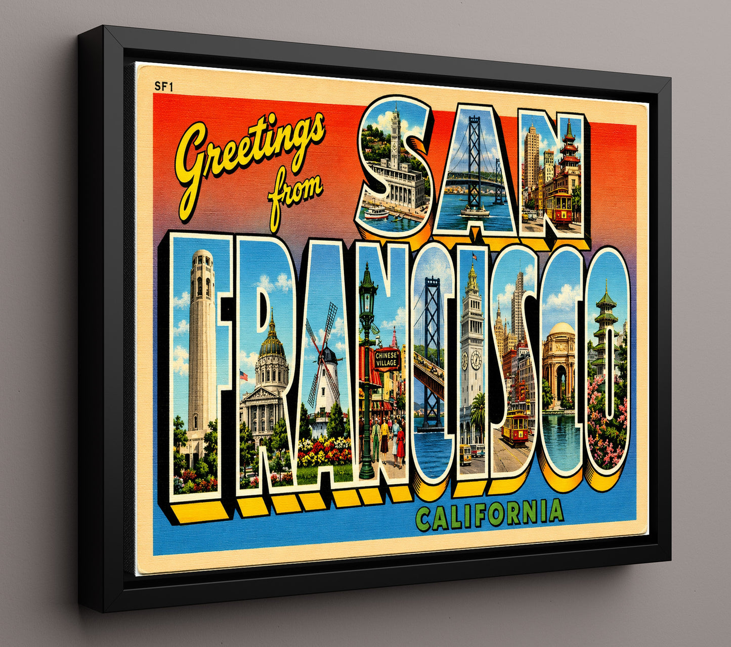 San Francisco, California Vintage Postcard - Vintage American Wall Art 16x20 Floating Canvas Display wall art print – framed decor
